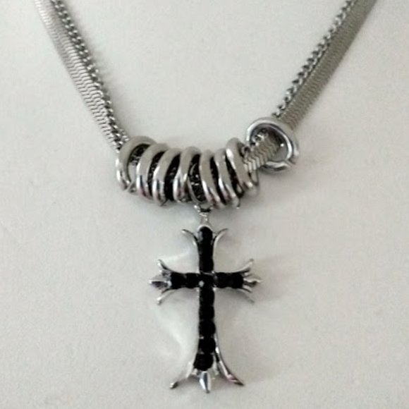 DESIGNER ROCKER CHIC CROSS SILVER/BLACK CRYSTAL LAYERED CHAIN NECKLACE**NEW! - Picture 2 of 5